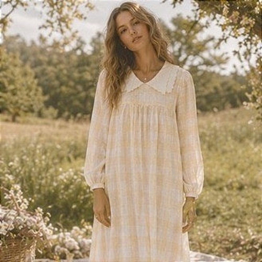 Vintage Gingham Midi Dress Peter Pan Collar Butter Yellow 8 Picnic Mod Cottage
